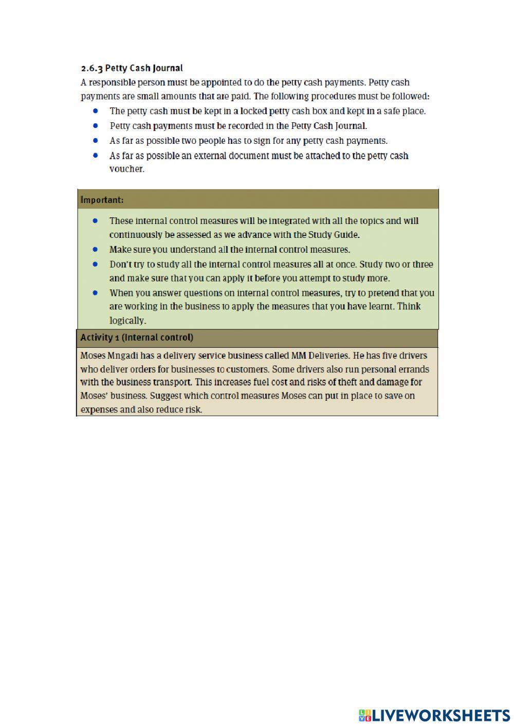Internal control in Accounting worksheet | Live Worksheets