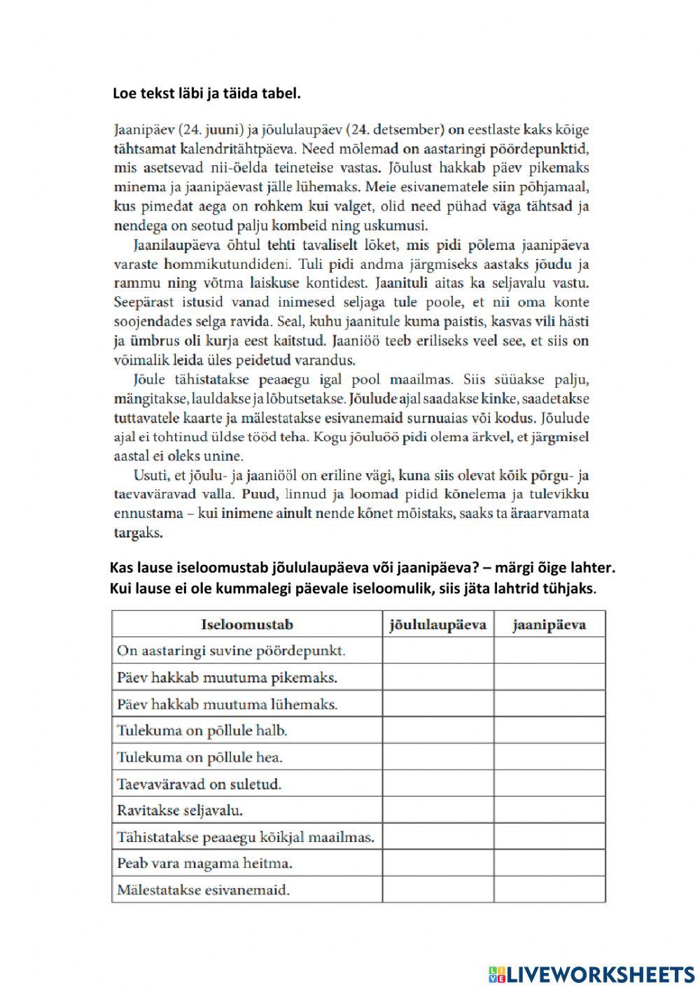 Jõululaupäev või jaanipäev (lugemistest).