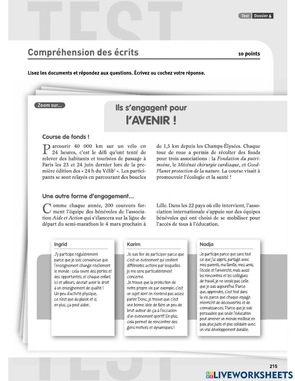 Compréhension écrite dossier 6