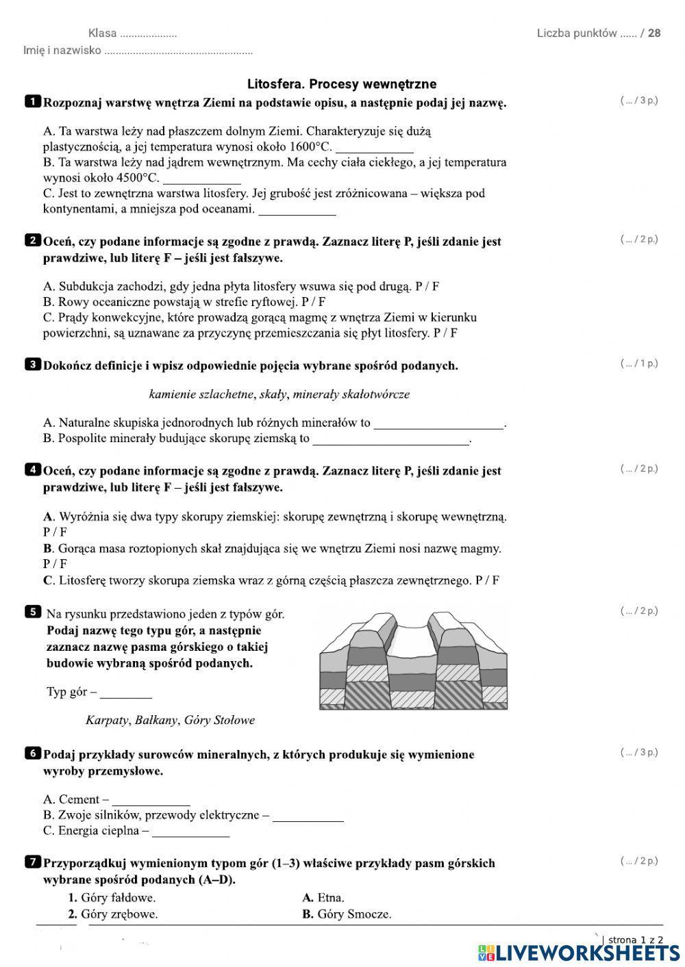 Procesy Endogeniczne Sprawdzian Nowa Era LITOSFERA - procesy wewnętrzne interactive worksheet | Live Worksheets