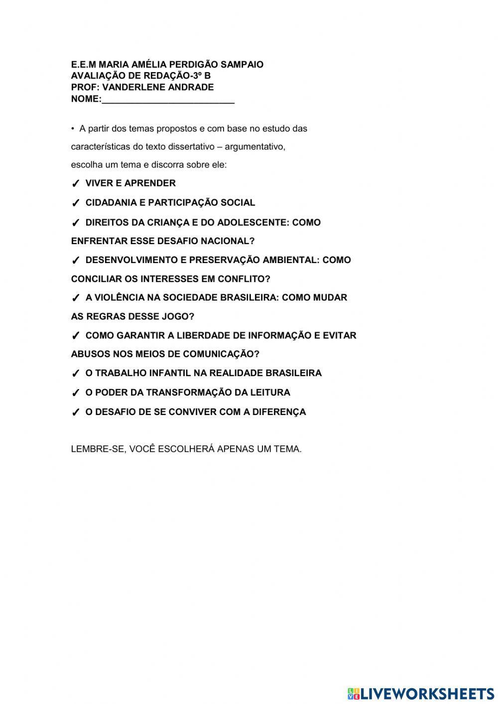 AVALIAÇÃO DE rEDAÇÃO 3º B