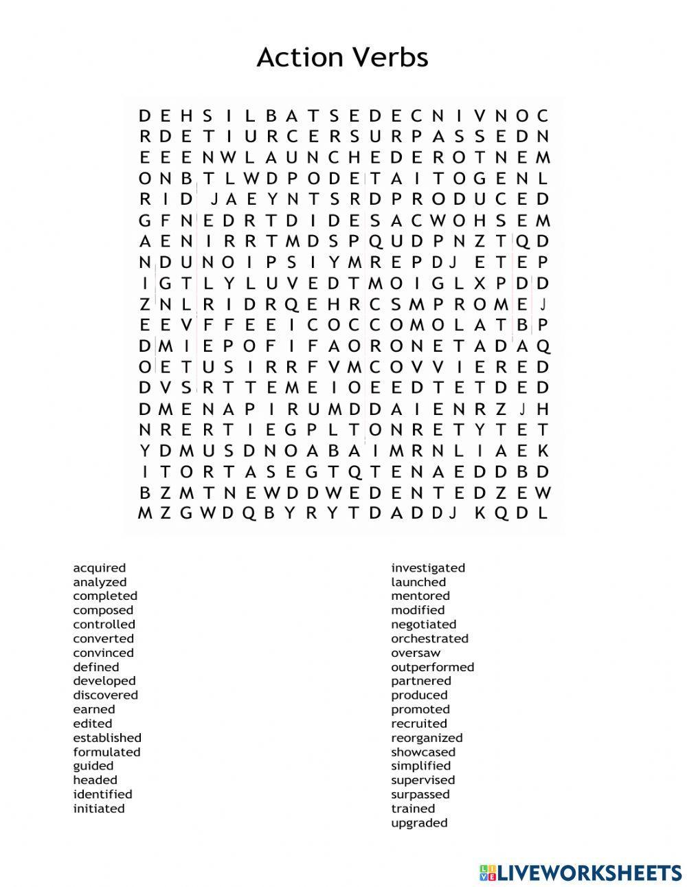 Action verbs Wordsearch