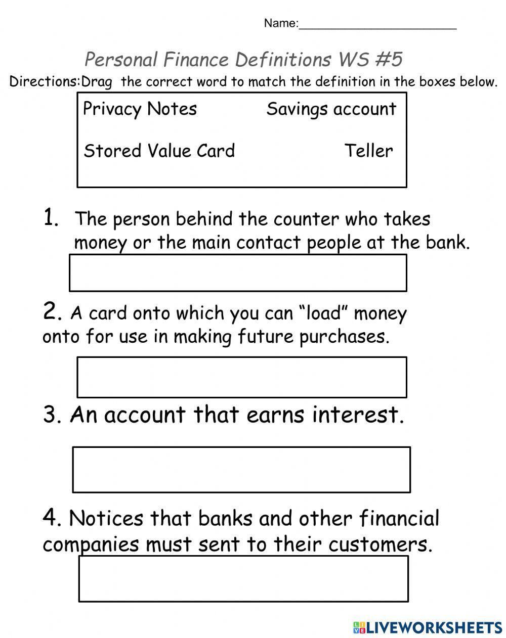 Personal Finance - Definitions WS 5