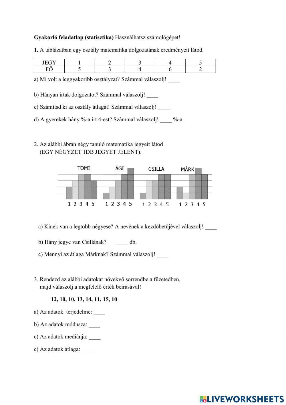 Statisztika, 8. osztály gyakorló