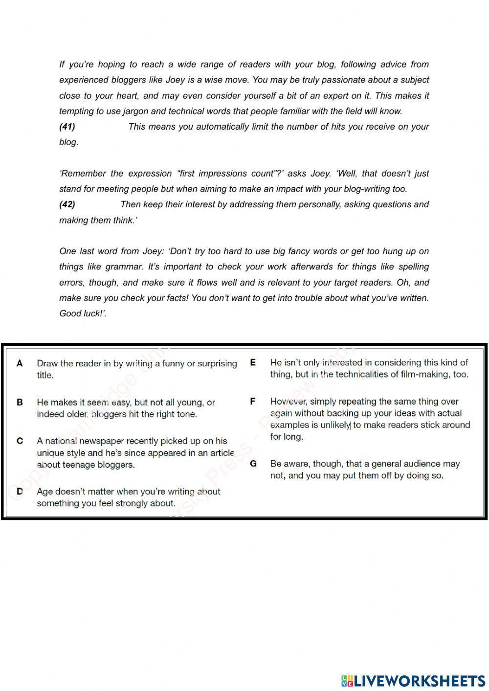 Mock exam 2 - reading (first for schools trainer 2)