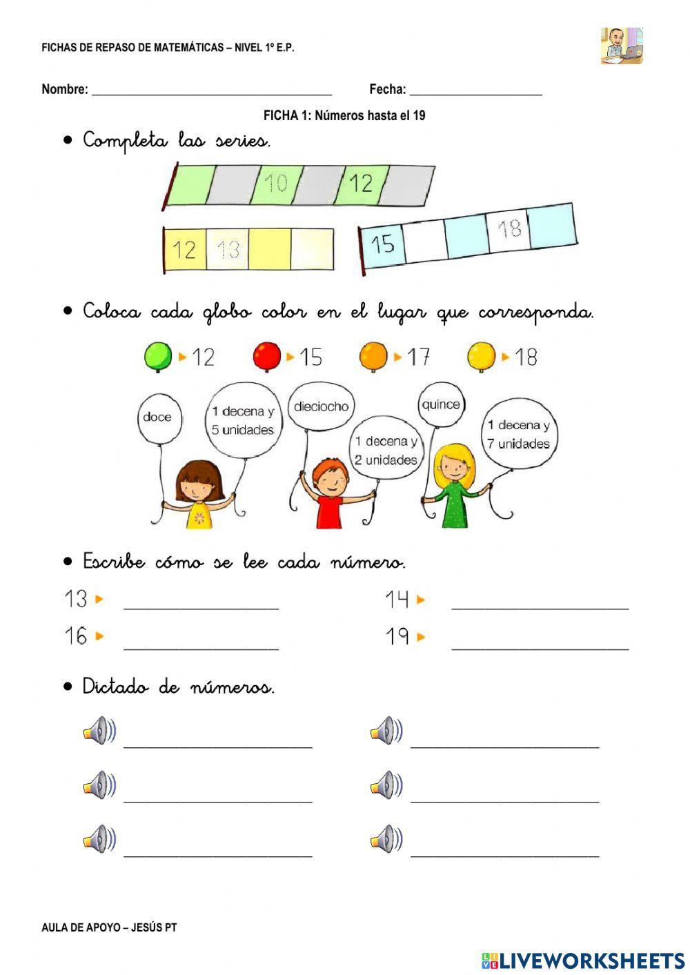 Ficha Matemáticas 1-1EP-Números hasta 19