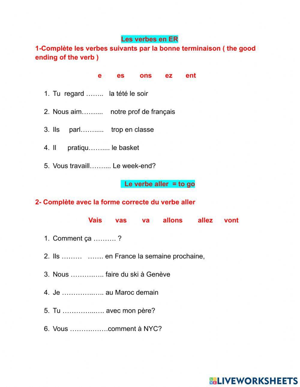 Verbes faire, aller , venir, ER