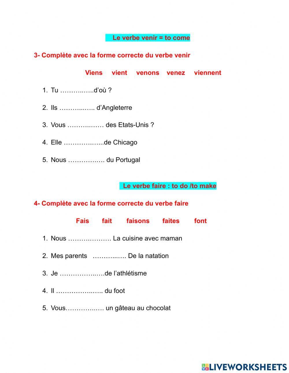 Verbes faire, aller , venir, ER