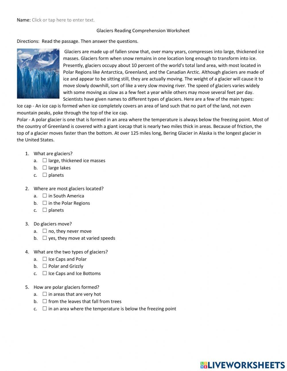 Glaciers Reading Comprehension Worksheet