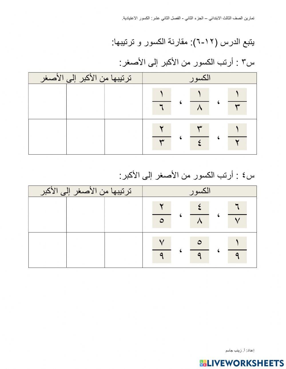 مقارنة الكسور و ترتيبها