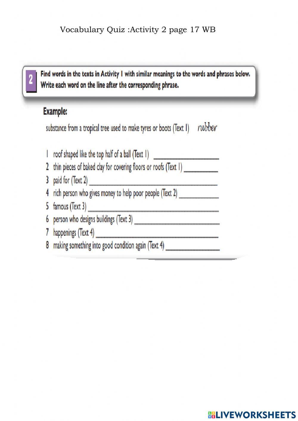 Vocabulary Quizz  act 2 page 17 WB