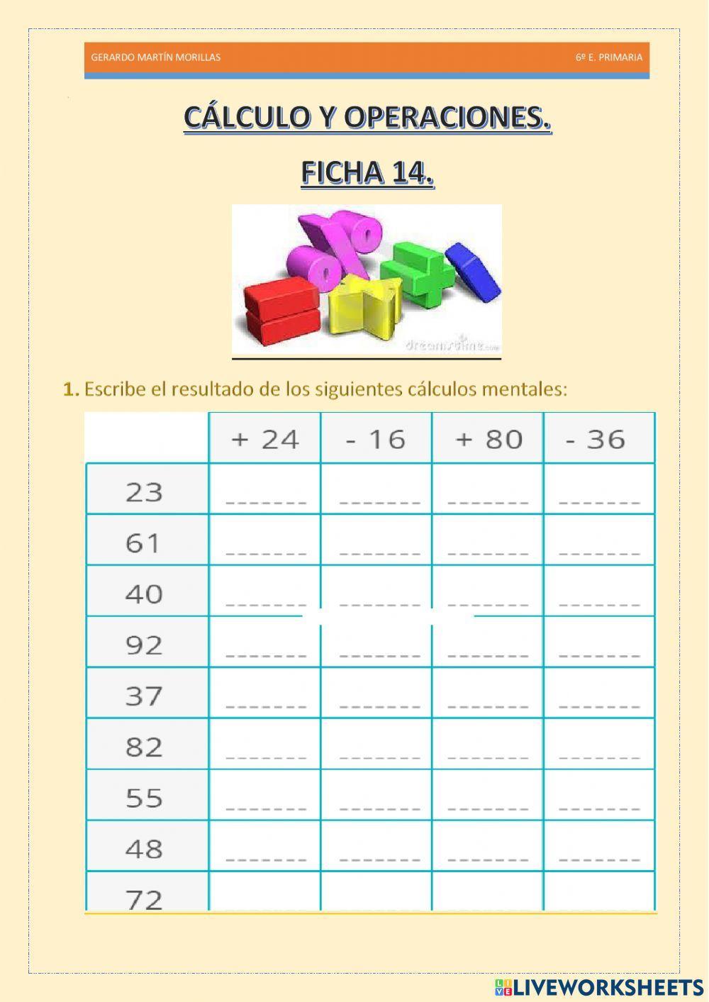 Cálculo y operaciones. Ficha 14.