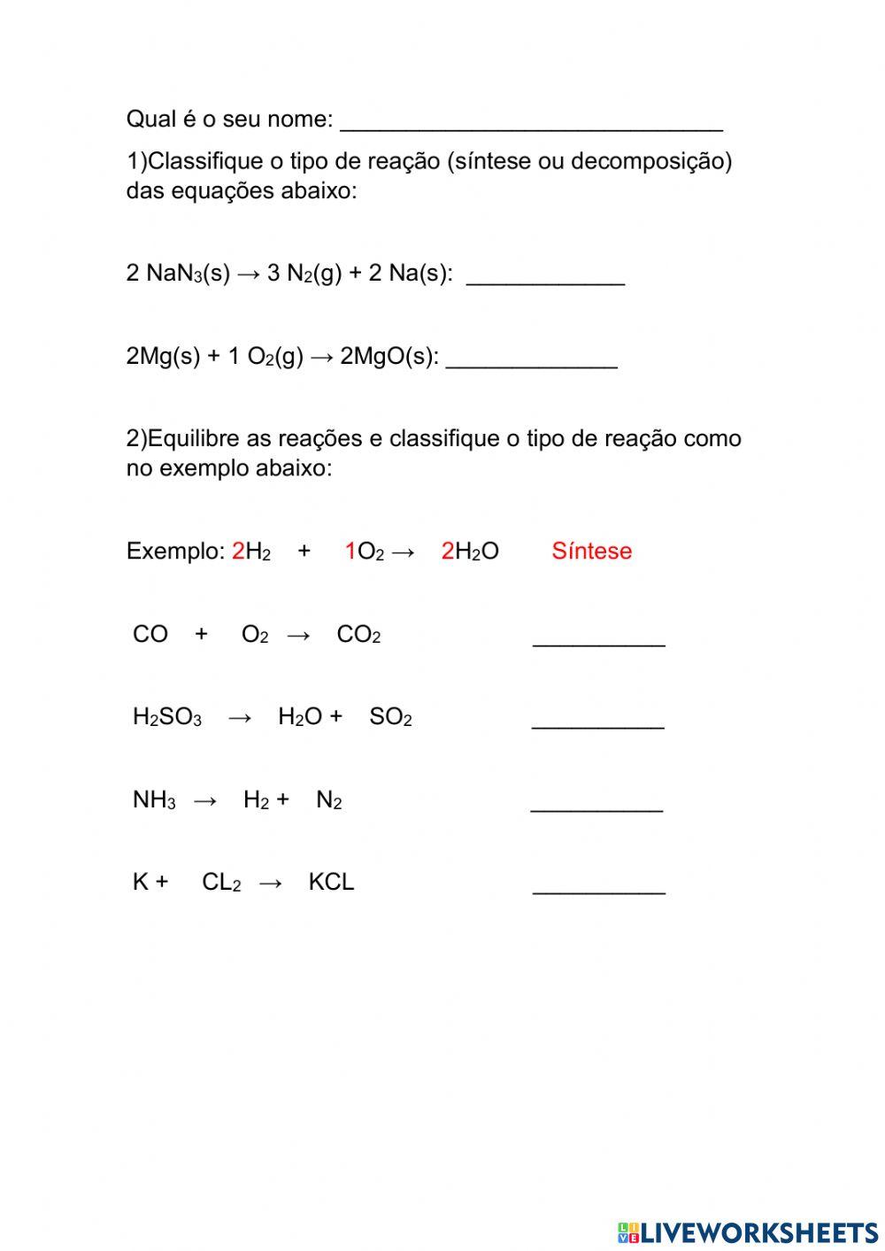 Reações e balanceamento de equações químicas