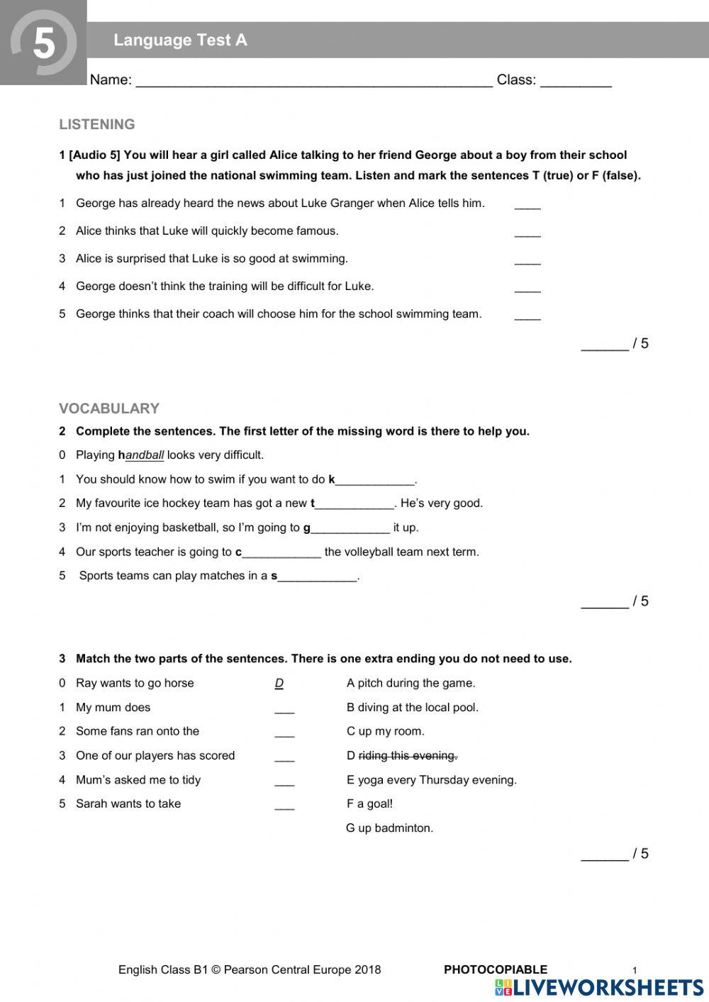 English Class B1 Unit 4 Test 6512556 | English Class B1 Unit 5 Test | Kamanka
