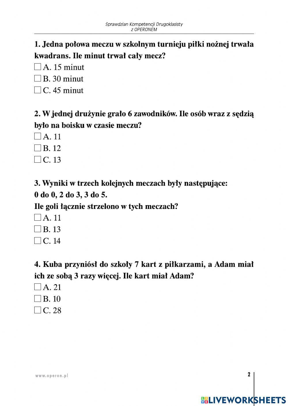 Sprawdzian kompetencji ucznia klasy 2