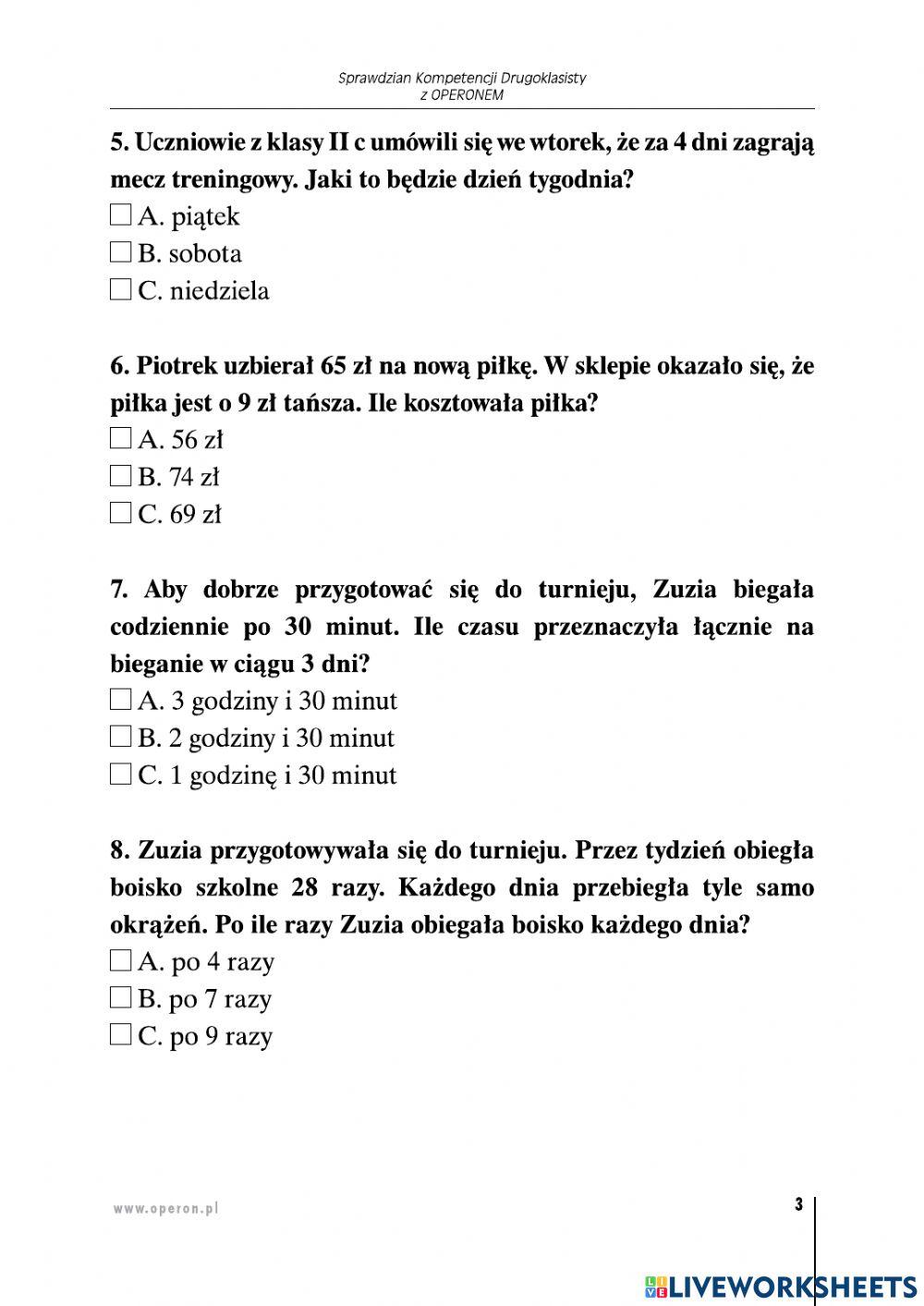 Sprawdzian kompetencji ucznia klasy 2