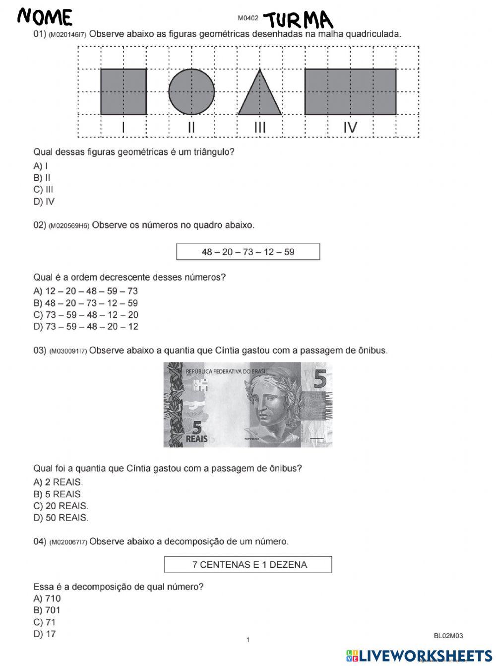 Avaliação diagnóstica matemática