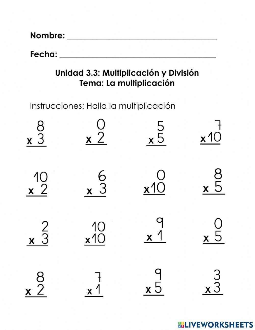 Multiplicacion Tabla del 1,2, 2, 4,5 y 10