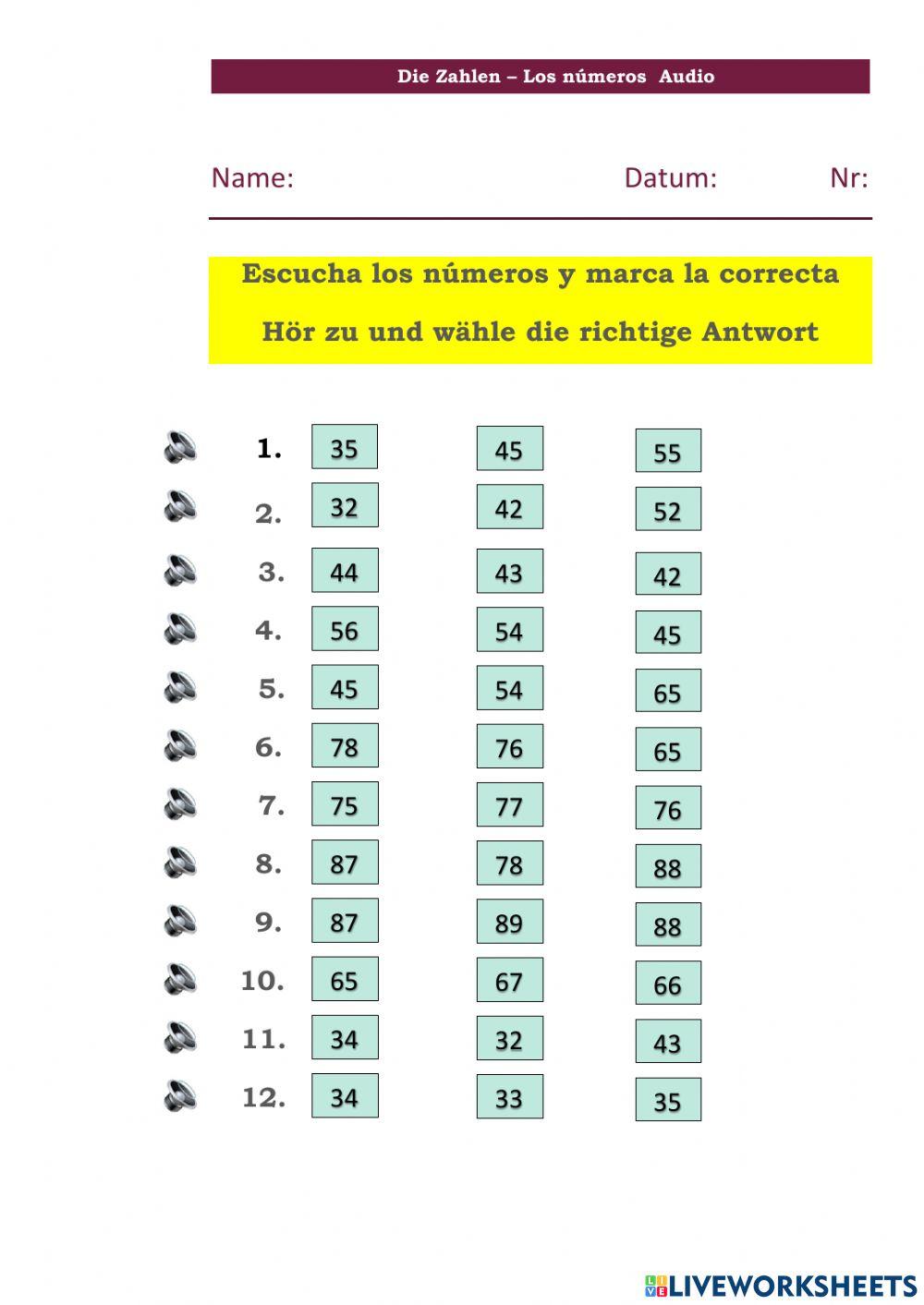 Die Zahlen Números 2 cifras audio 03