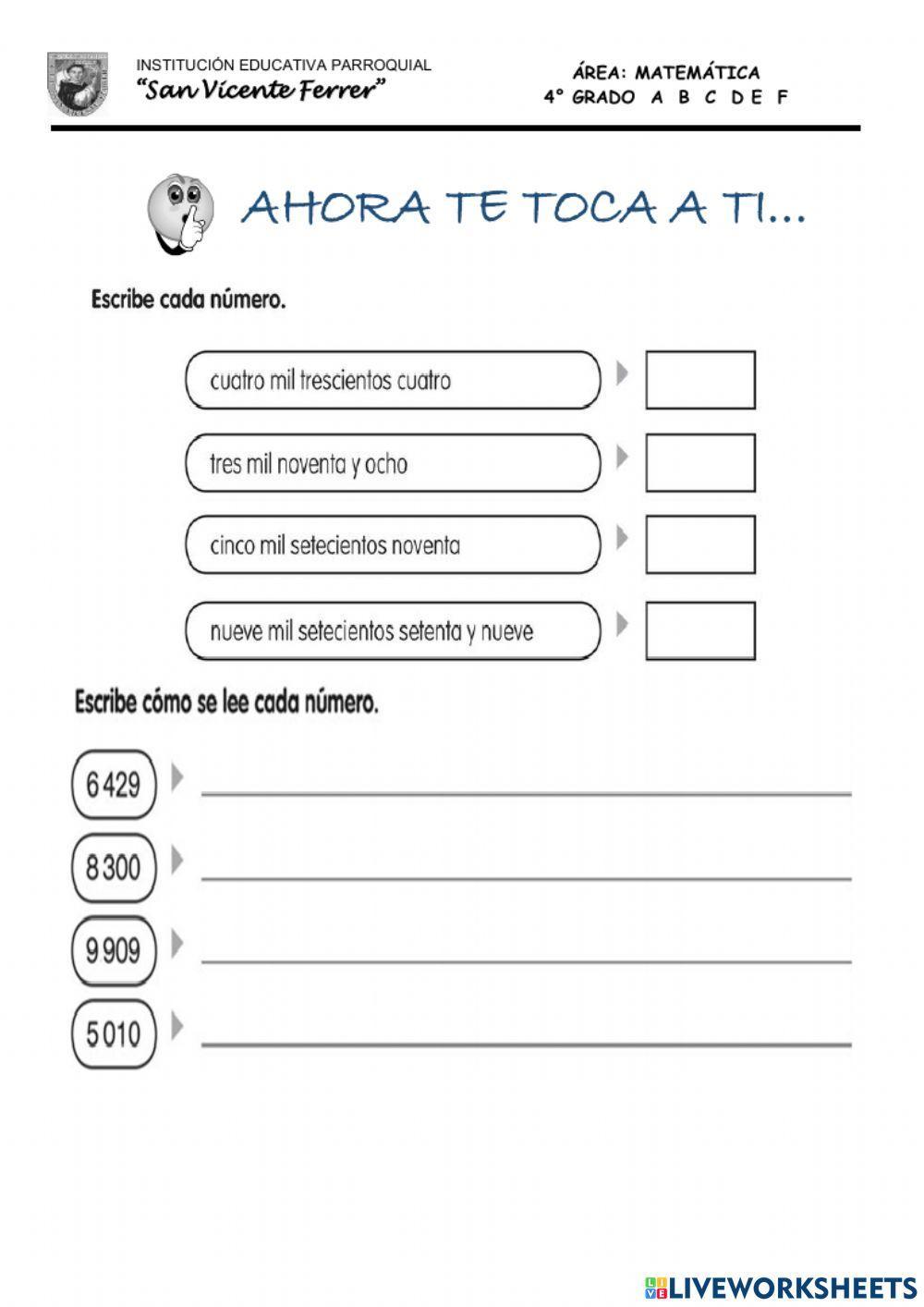 Lectura y escritura de números de cuatro cifras