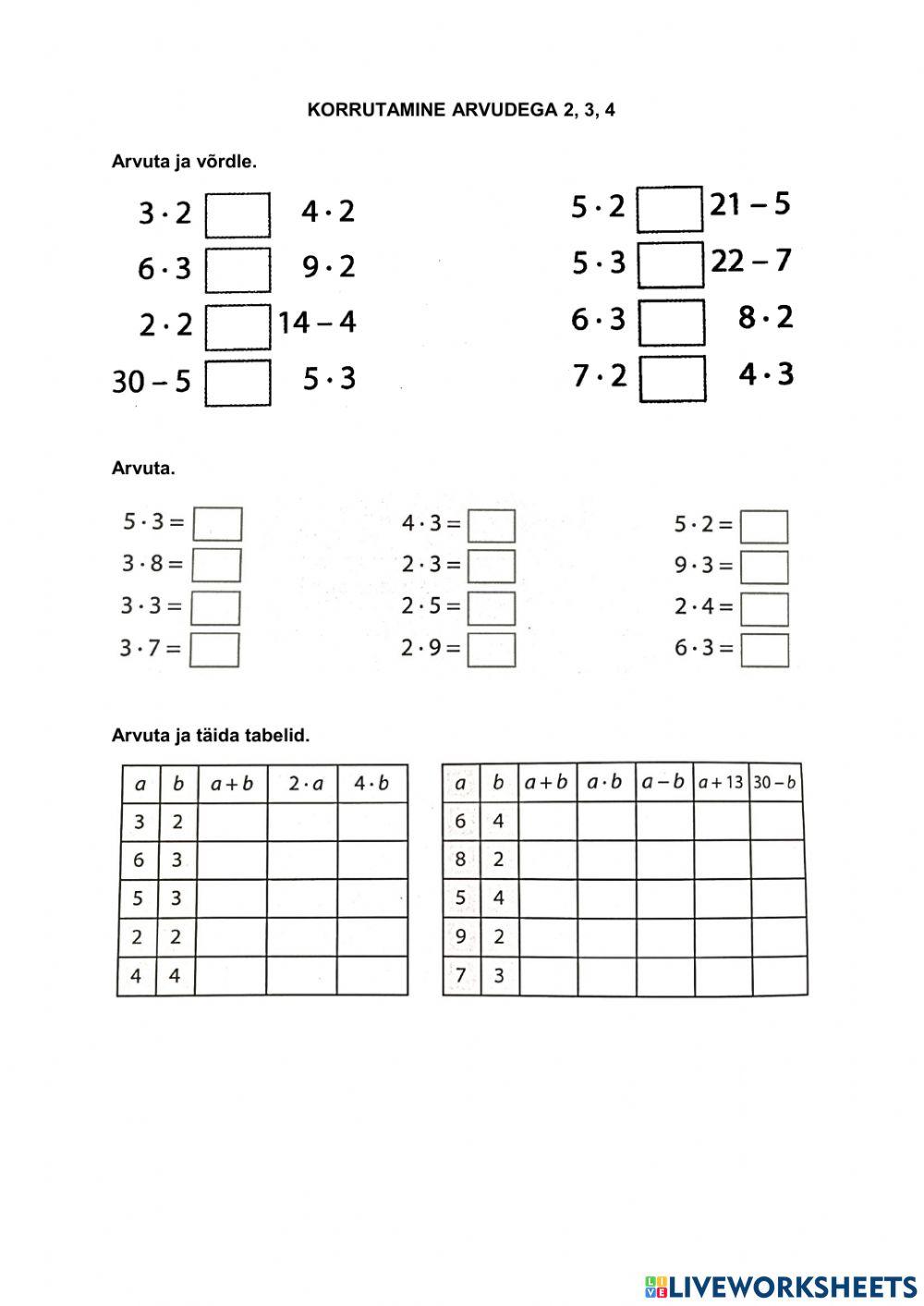 Korrutamine arvudega 2, 3, 4
