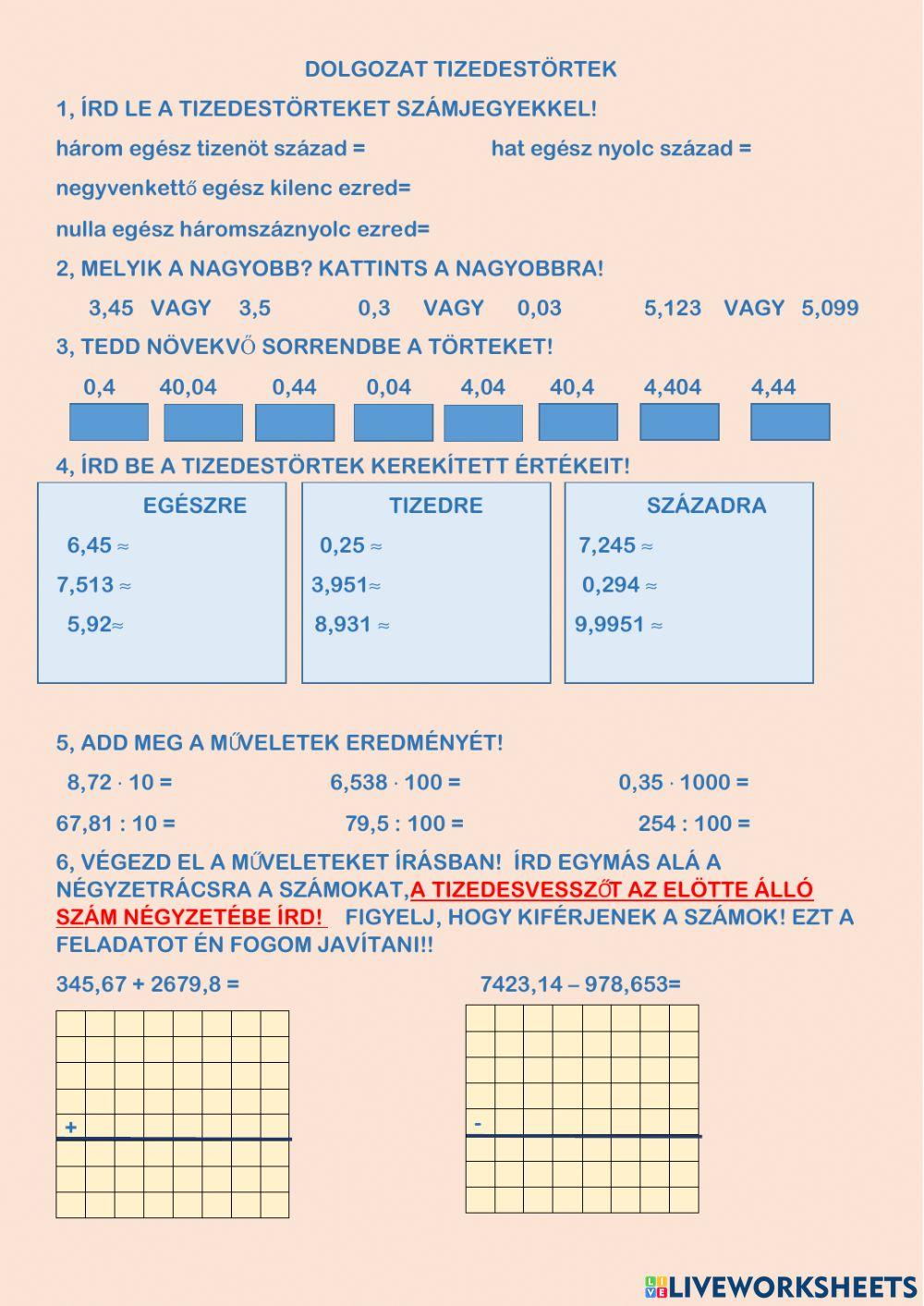 Tizedestörtek dolgozat