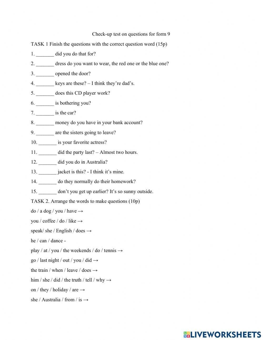 Check-up test for form 9-Questions