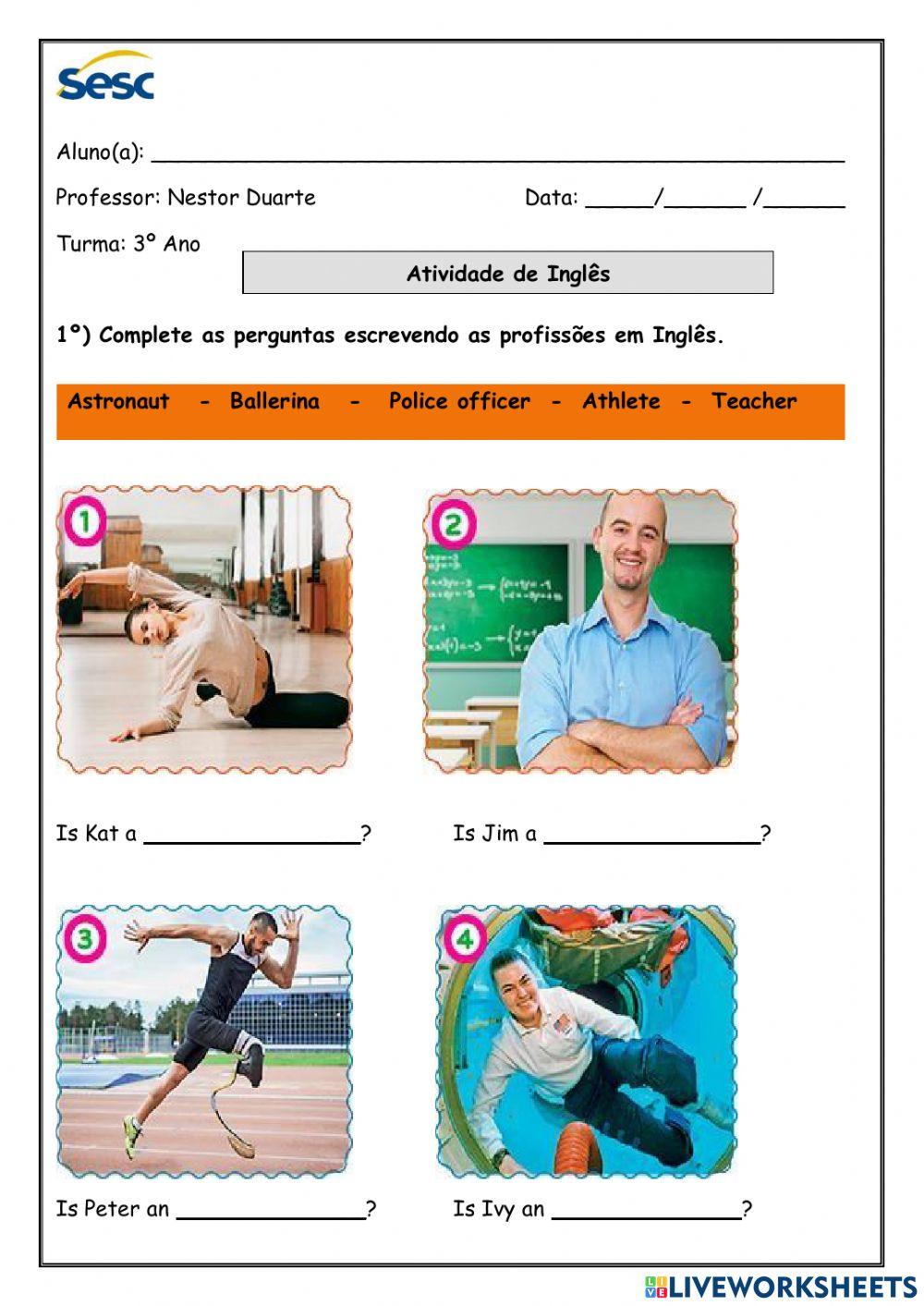 Atividade escrita e auditiva de Inglês do 3º Ano