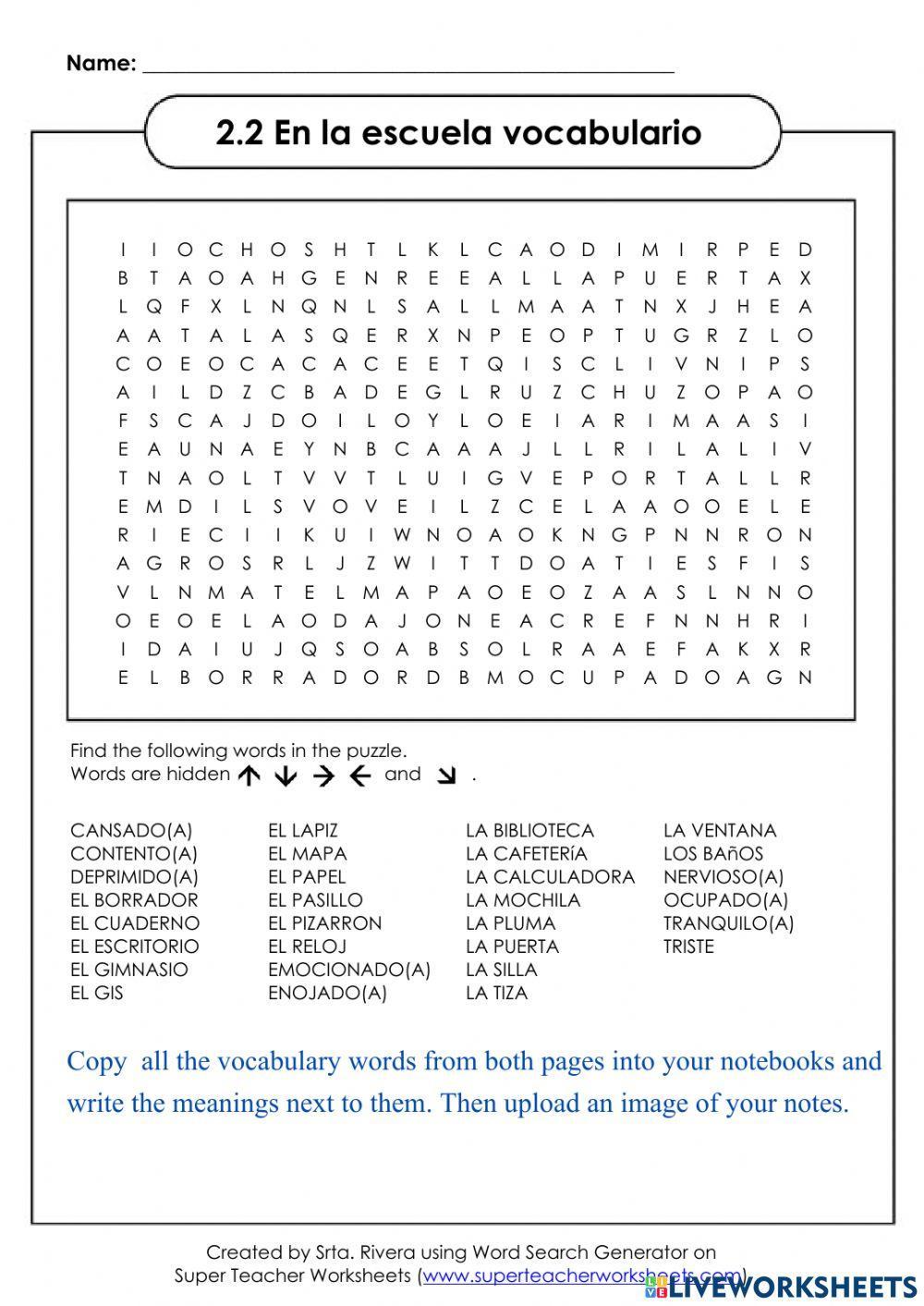 2.2 En la escuela vocabulario word find-notes