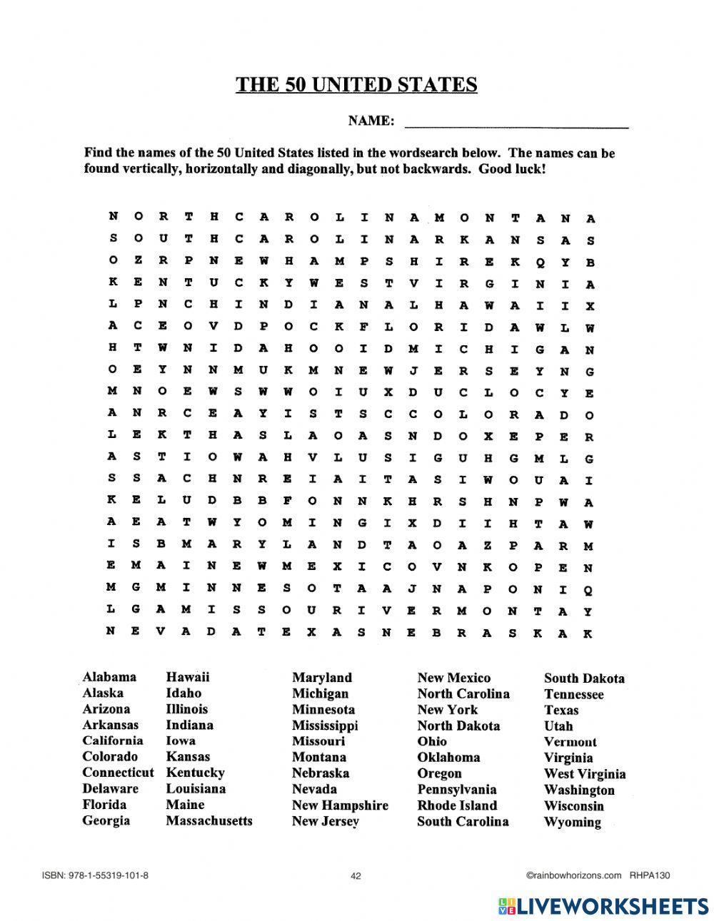 50 States Word Search worksheet Live Worksheets