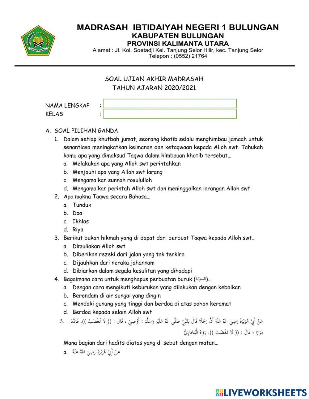 Ujian Akhir Madrasah Al Quran Hadits