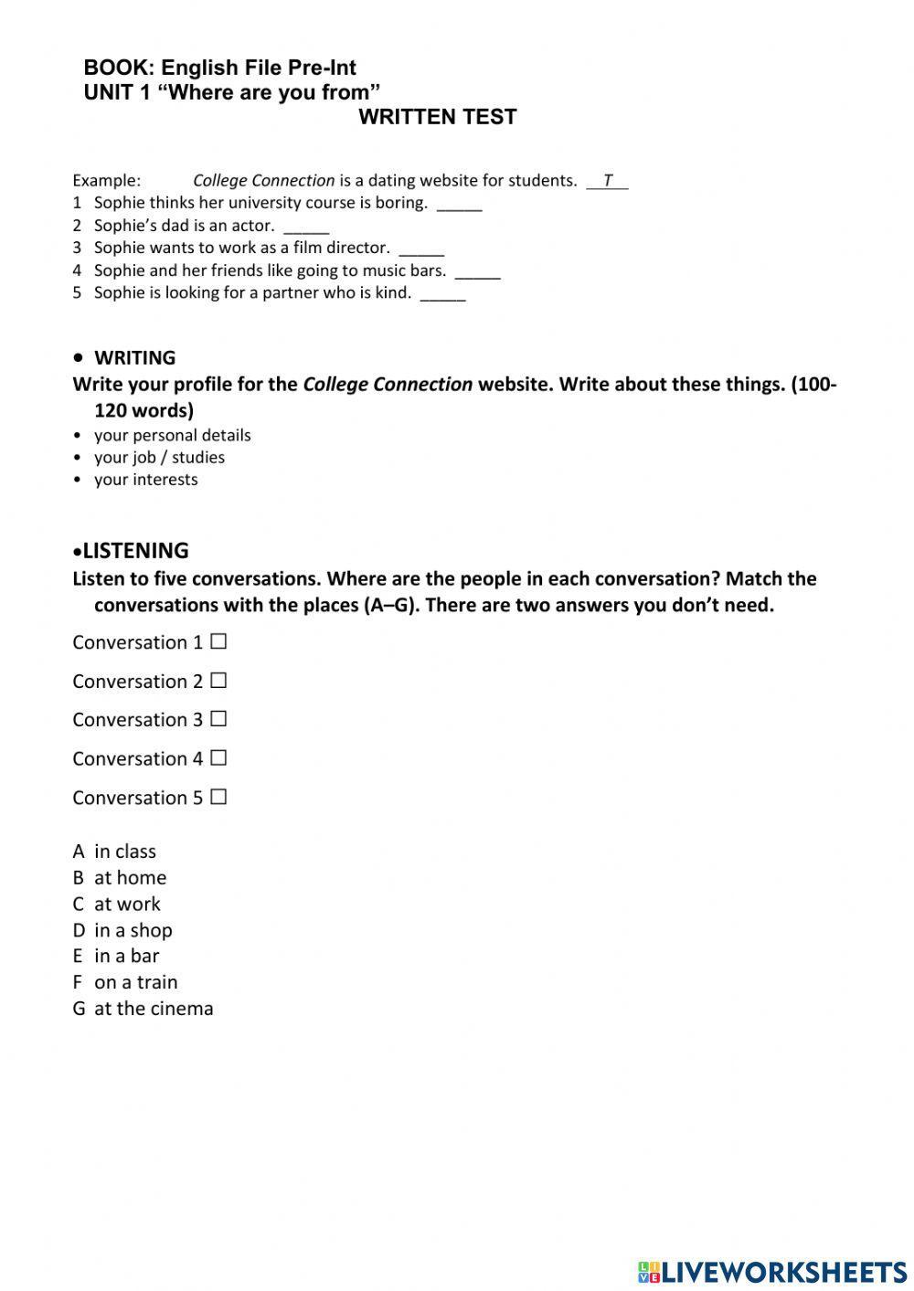 English File Pre Intermediate Test unit 1