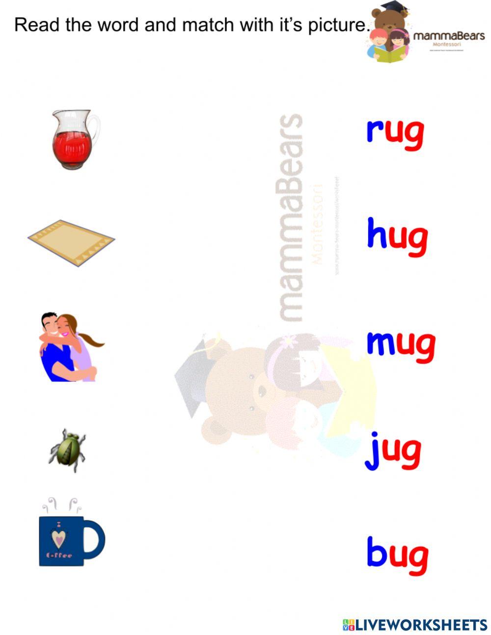 Short u 3 letter words matching worksheet