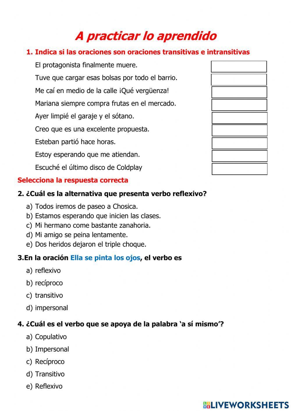 Hoja De Trabajo De Verbos Transitivos