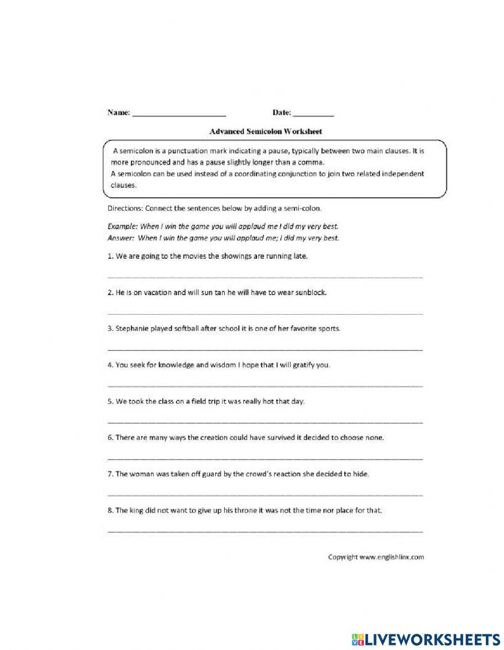 Semi colon worksheet online exercise for Live Worksheets