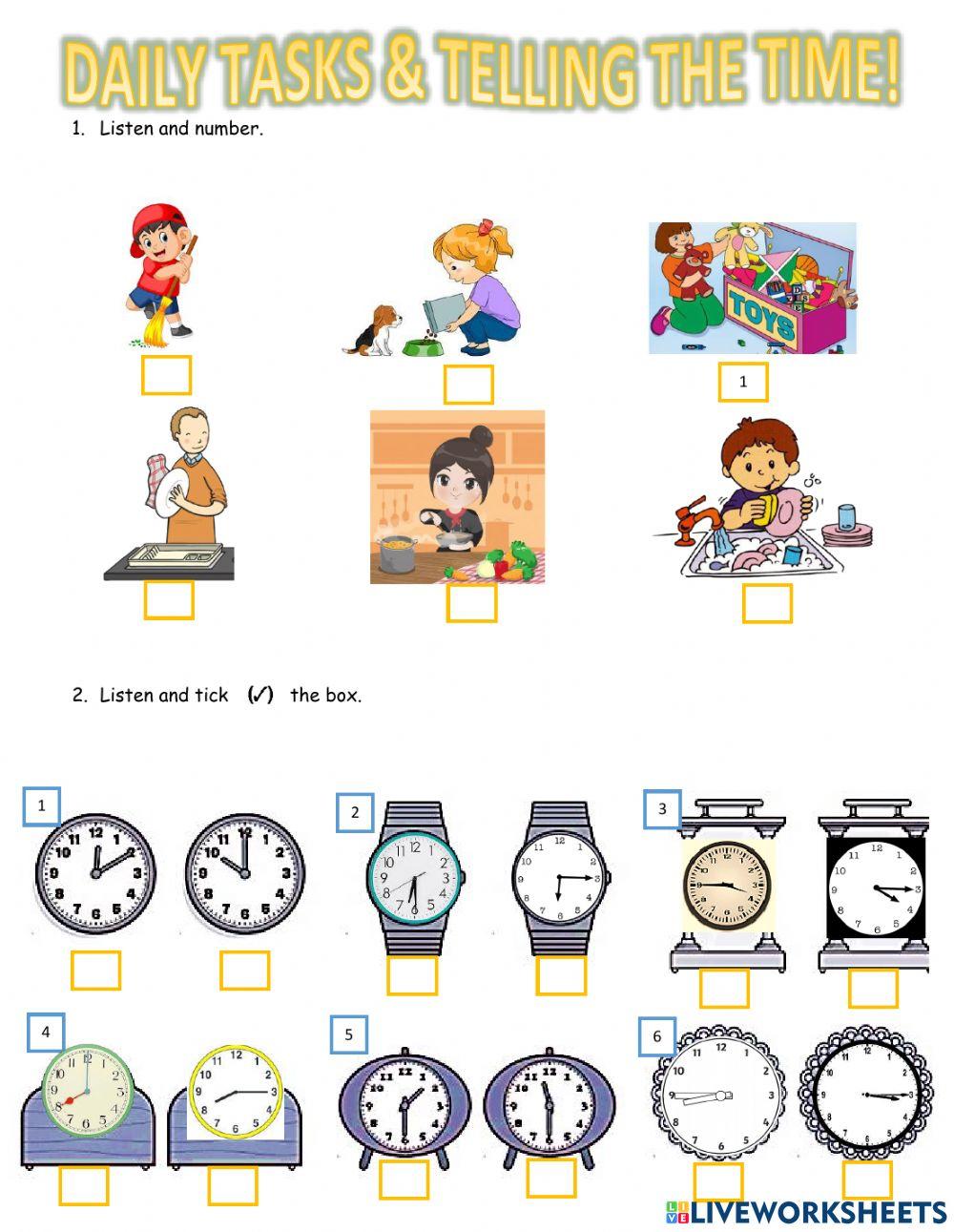 Daily tasks telling the time liveworksheets 872570