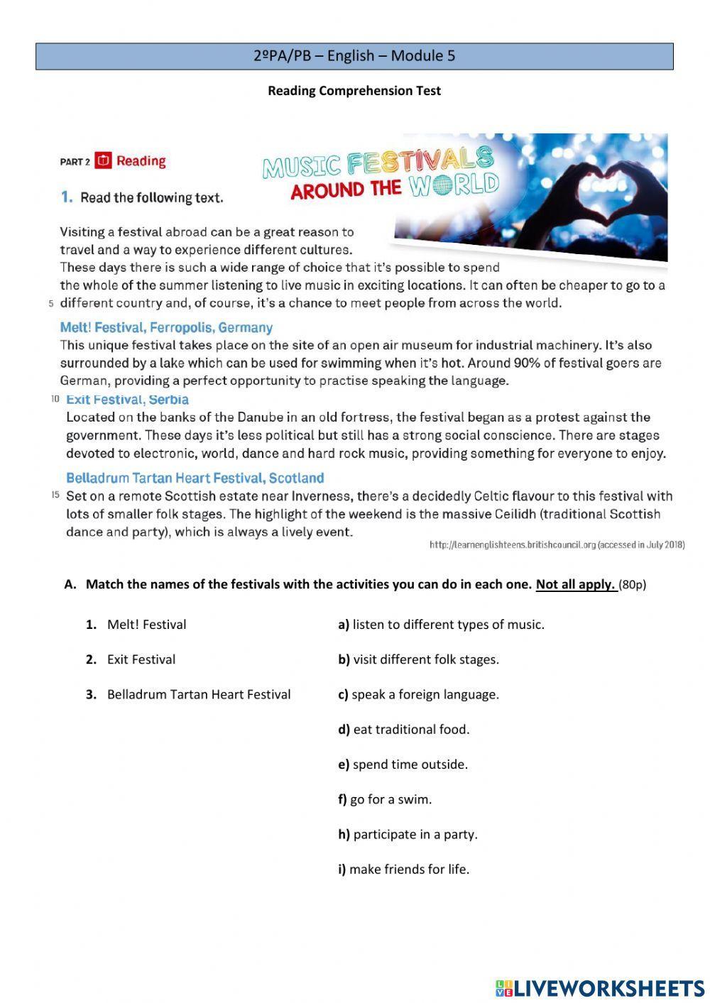 Reading comprehension Test - Music Festivals