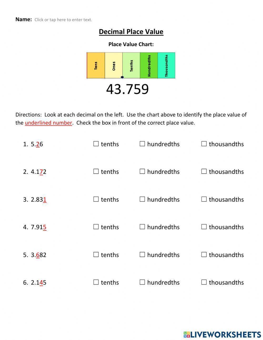 Decimal Place Value Multiple Choice