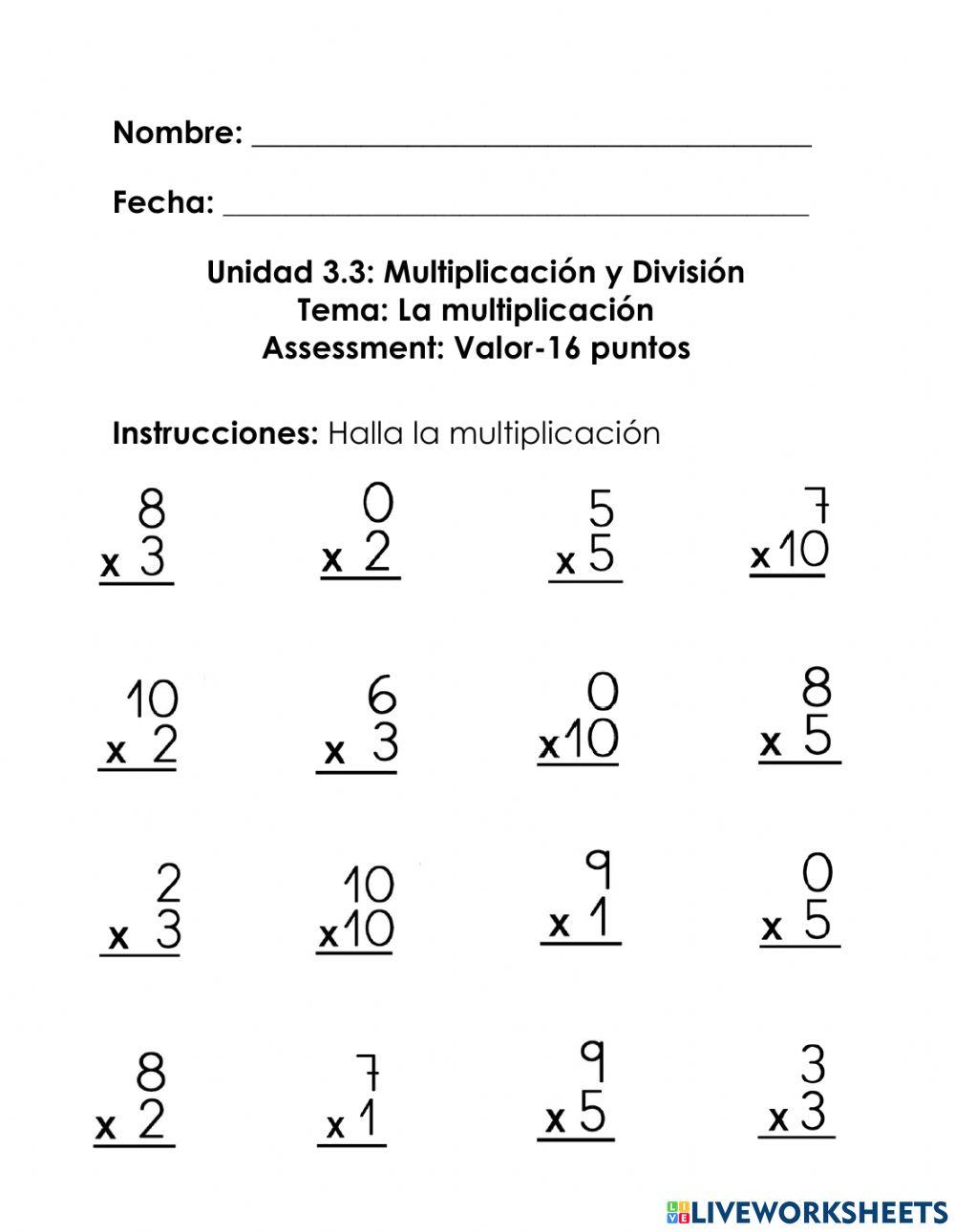 Multiplicacion Tabla del 0, 1, 2, 3, 5 y 10