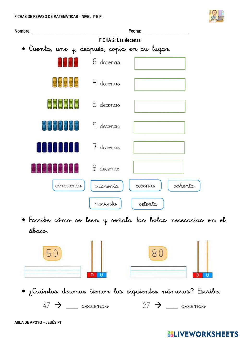 Ficha Matemáticas 2-1EP-Decenas