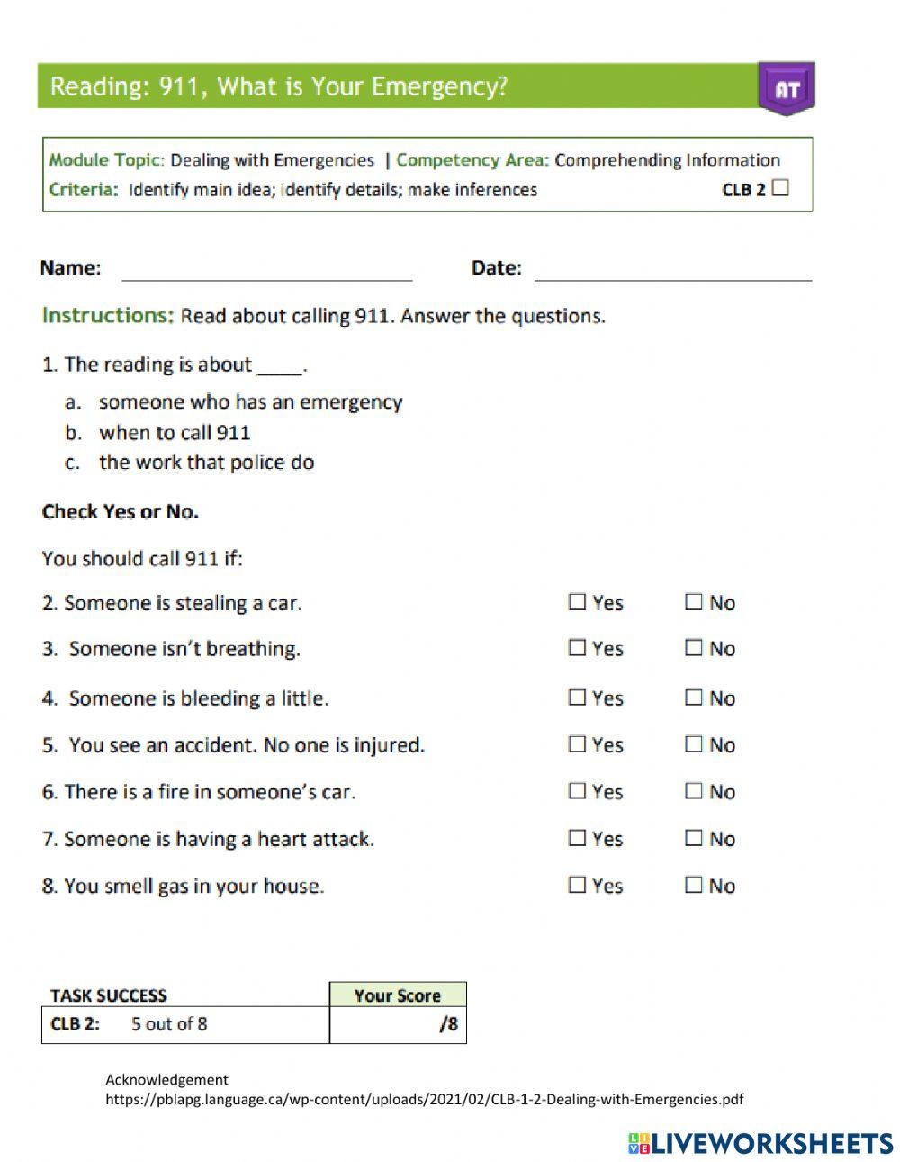 Reading Assessment - Emergencies