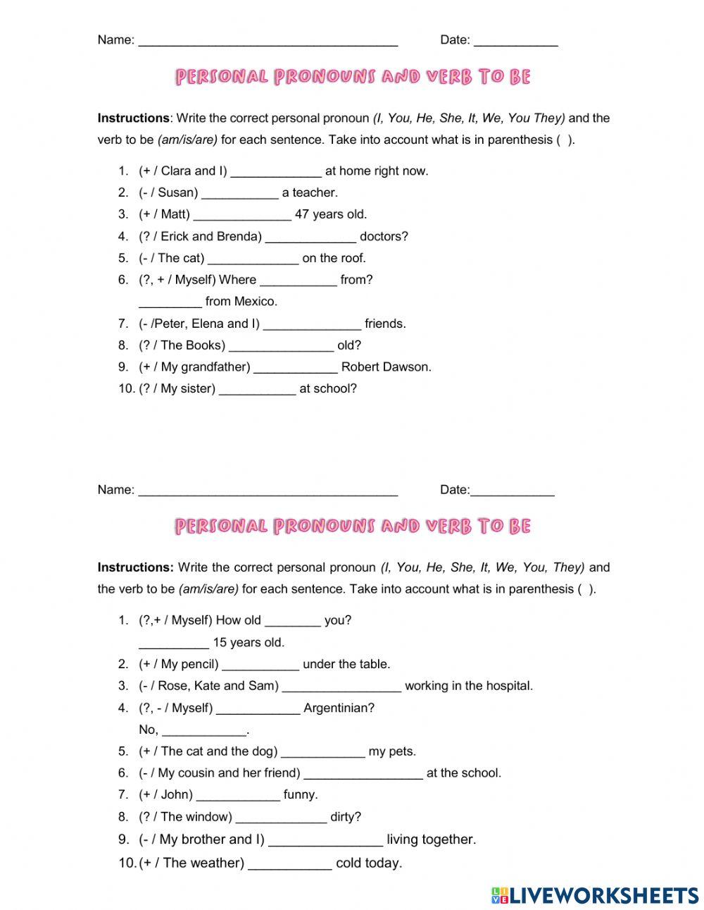 Personal Pronouns and Verb To be