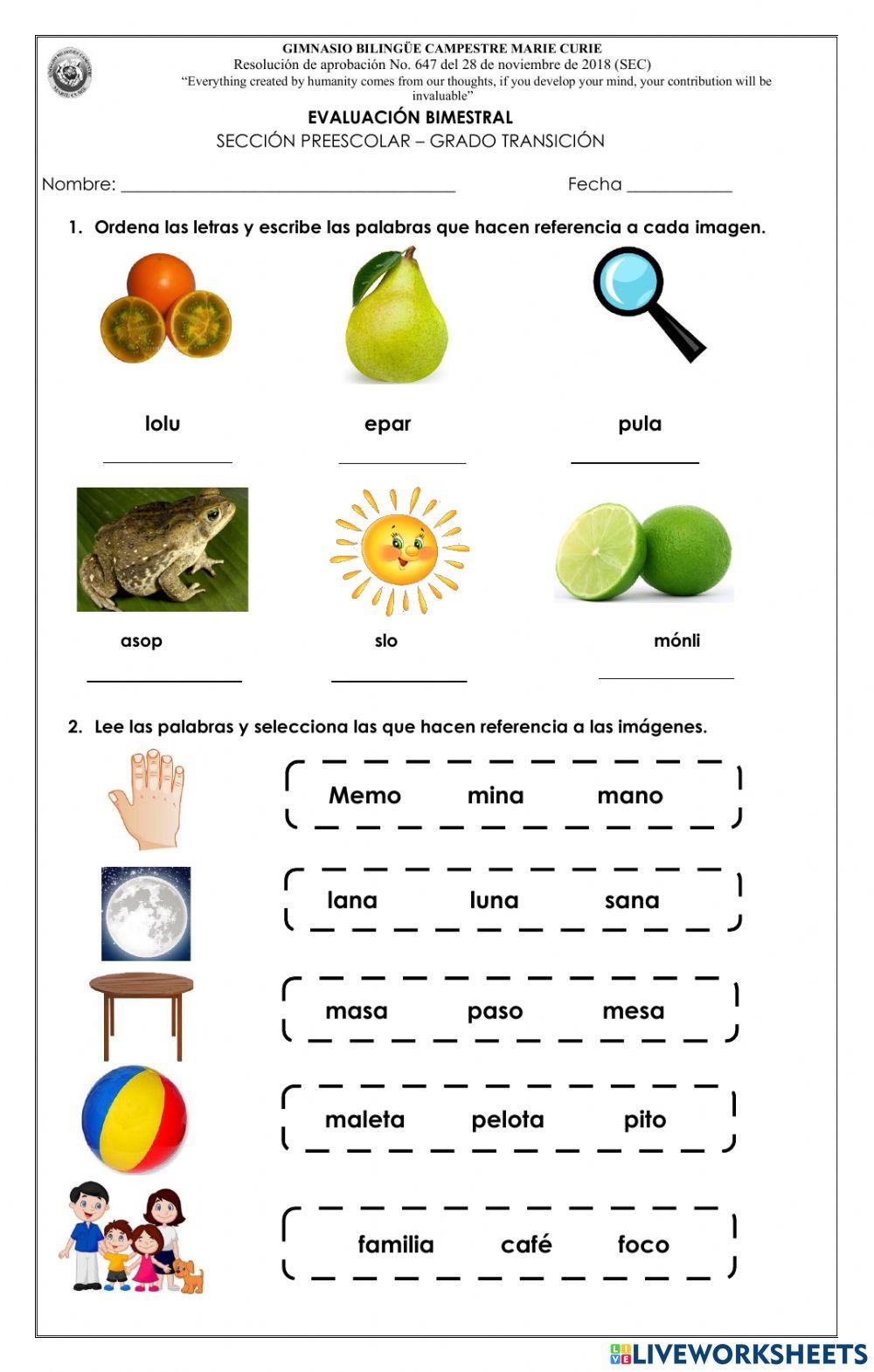 Evaluación bimestral virtual de transición