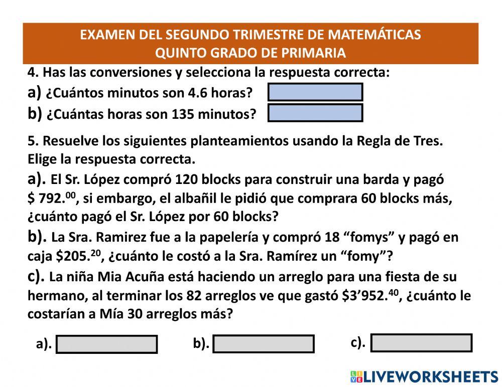 Segundo examen trimestral Matemáticas