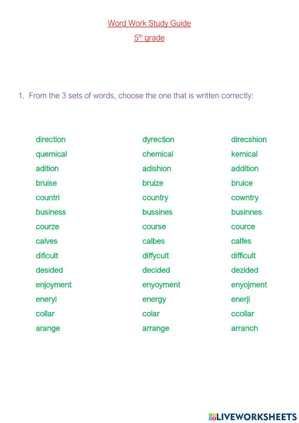 Word Work Study Guide 5th