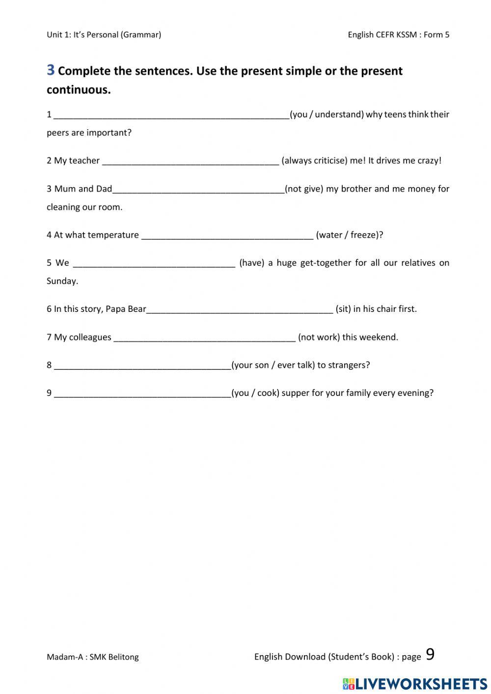 English CEFR Form 5 Unit 1: Page 9 (Grammar)