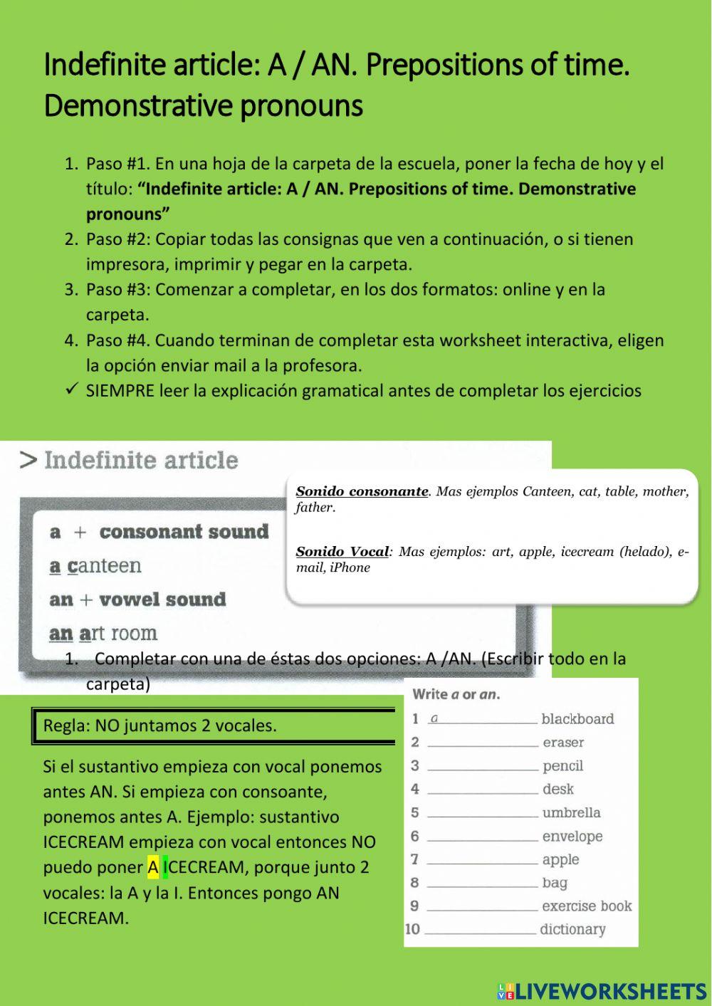 . Indefinite article: A - AN. Prepositions of time. Demonstrative pronouns20