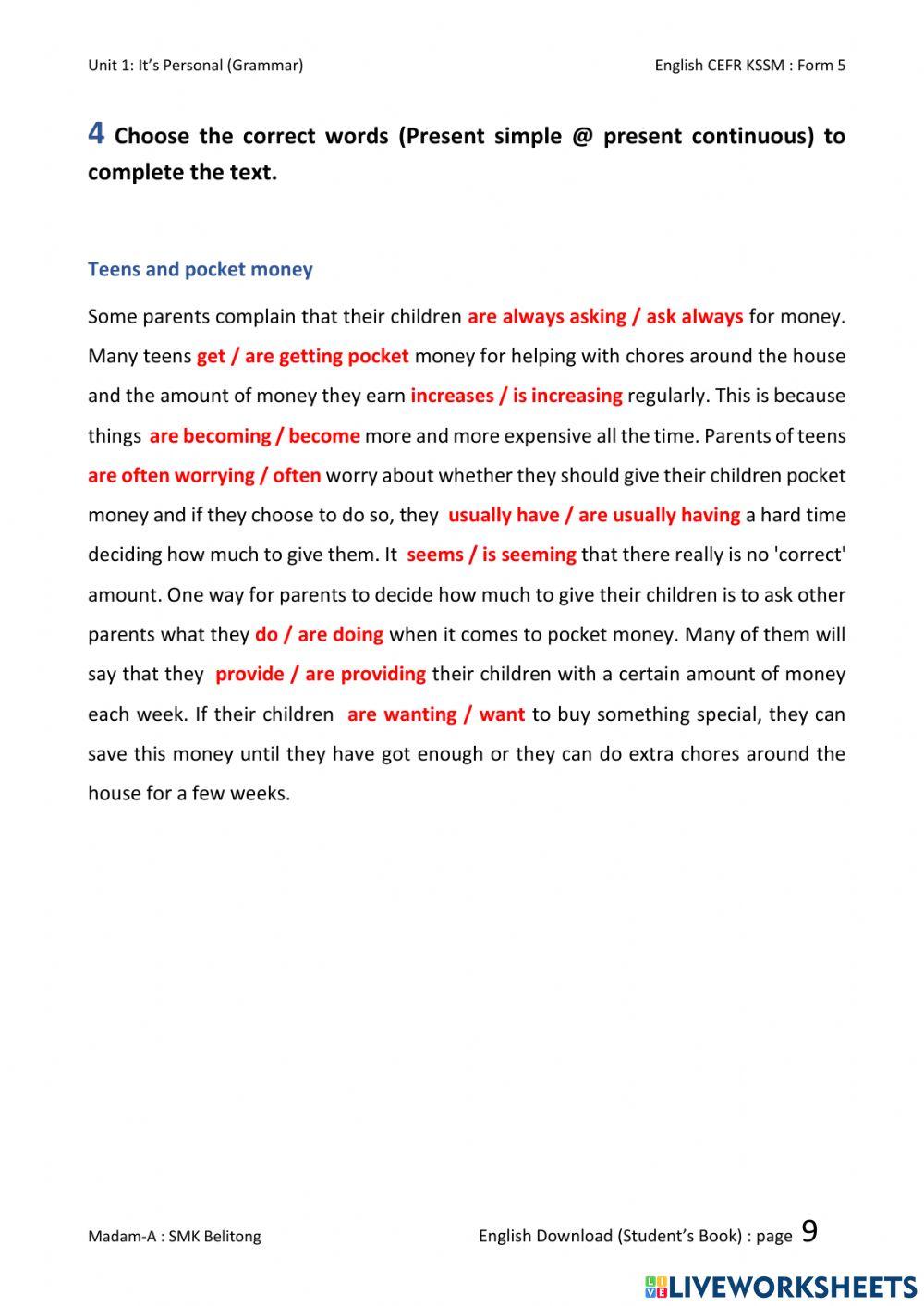 English CEFR Form 5 Unit 1: Page 9-task 4(Grammar)