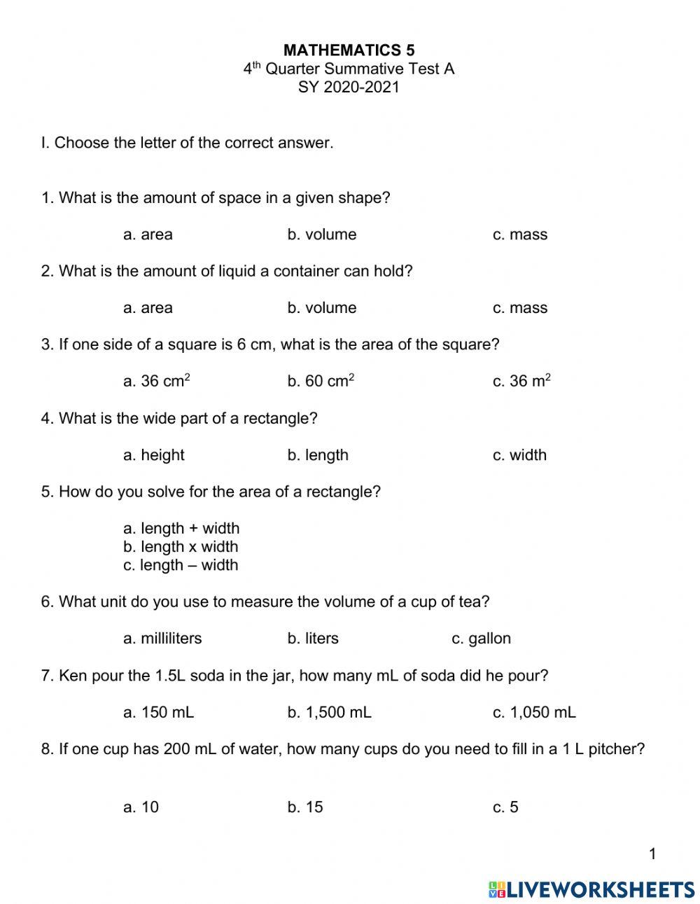 Math 5 4th Qtr Summative Test A