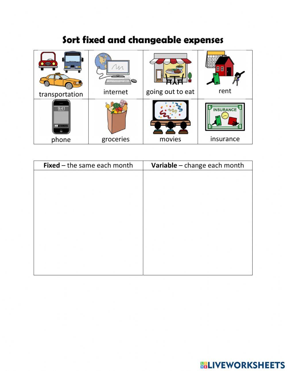 fixed-and-variable-expenses-sort-worksheet-live-worksheets